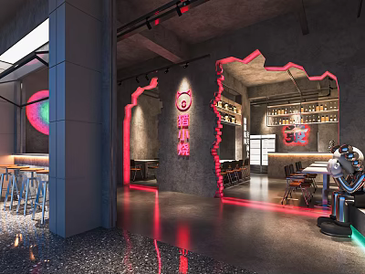 Industrial Style Restaurant Interior With Neon Lights Wine Racks Bar Counter And Robot Server 3d model