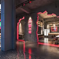 Industrial Style Restaurant Interior With Neon Lights Wine Racks Bar Counter And Robot Server