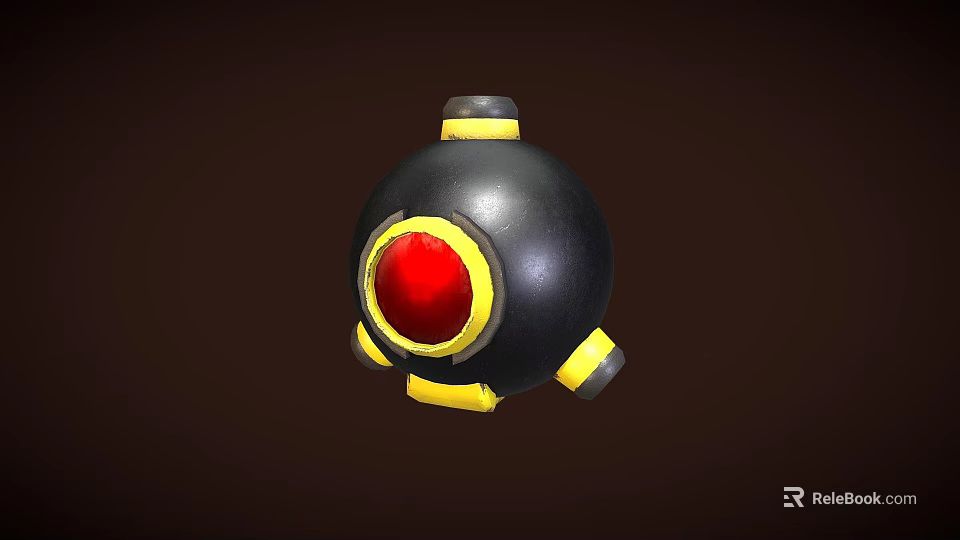 Spherical Grenade Weapon Design Featuring Black Body Red Central Core And Yellow Decorative Accents 3d model 