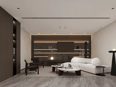 Modern Entertainment Room With Sofa Chairs And Shelves 3d model