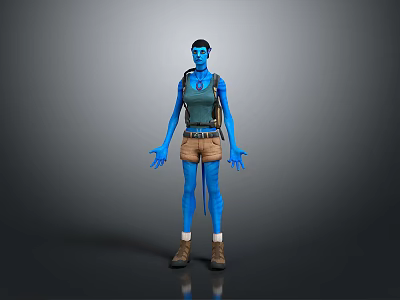 Blue Skinned Game And Movie Character In Green Top Brown Shorts With Backpack 3d model