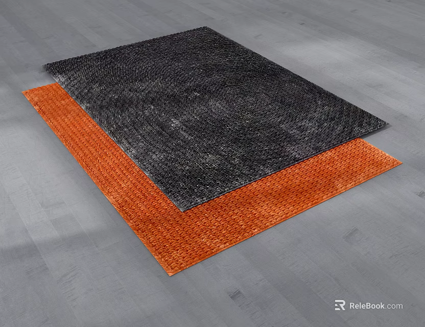 Two Black and Orange Square Rugs Overlapping on Gray Floor Surface 3d model 