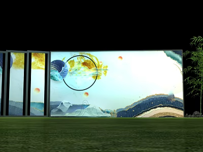 Traditional Landscape Decorative Screen With Circular Ornament Bamboo And Wavy Mountain Patterns On Grass 3d model
