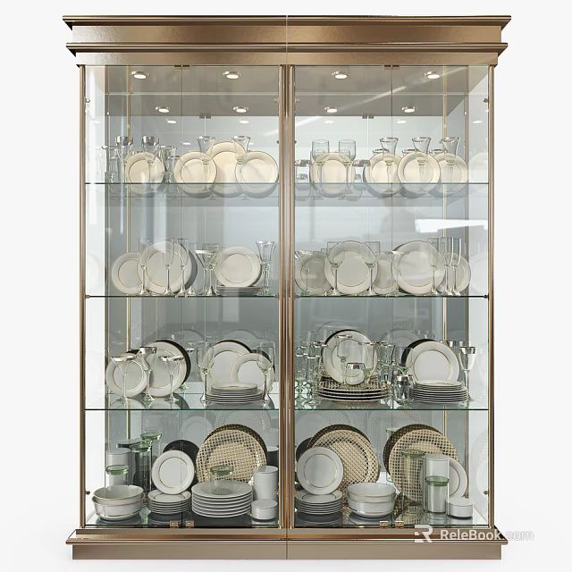 Stylish Sideboard with Glass Doors and Shelves Displaying Plates and Dinnerware 3d model 