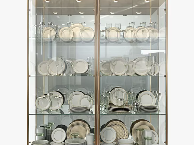 Stylish Sideboard with Glass Doors and Shelves Displaying Plates and Dinnerware 3d model