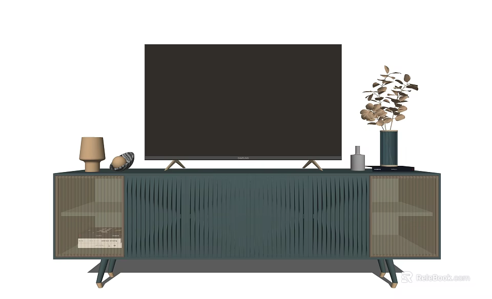 Modern Textured TV Stand With Large Screen TV Lamp Plant And Metal Legs 3d model 