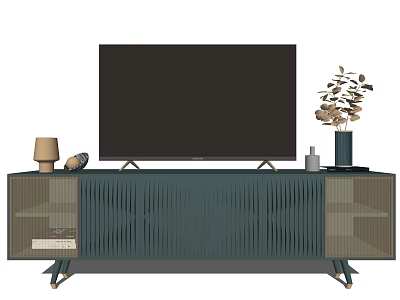 Modern Textured TV Stand With Large Screen TV Lamp Plant And Metal Legs 3d model