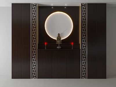 Dark Buddhist Shrine Cabinet With Fretwork Patterns Circular Backlit Panel Buddha Statue Red Candles 3d model
