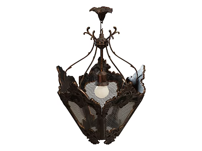 Vintage Chandelier with Ornate Metal Carvings Lace-like Mesh Shade and Intricate Top Decor Design 3d model