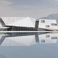 Modern Museum Building With Geometric Metal Facade And Water Reflection In Mountain Landscape