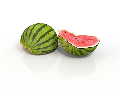 Fresh Whole Watermelon And Sliced Half With Green Stripes Red Flesh And Black Seeds 3d model