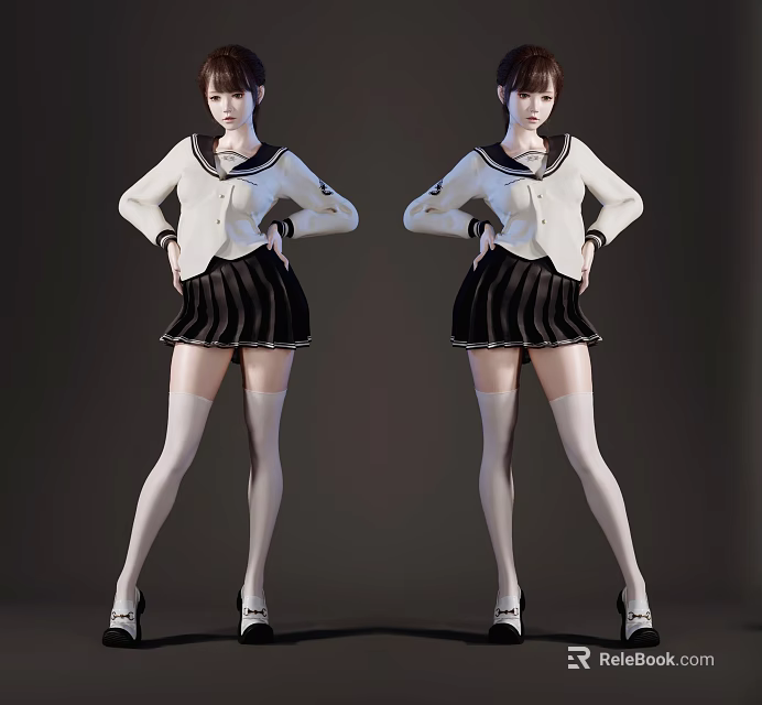 Woman in White Top and Black Pleated Skirt with White Stockings Hands on Hips 3d model 