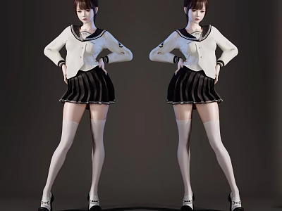 Woman in White Top and Black Pleated Skirt with White Stockings Hands on Hips 3d model