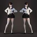 Woman in White Top and Black Pleated Skirt with White Stockings Hands on Hips