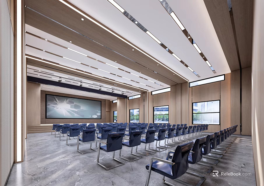 Modern Spacious Conference Room With Blue Chairs Large Screen Wooden Walls And Windows 3d model 
