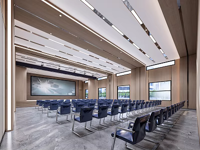 Modern Spacious Conference Room With Blue Chairs Large Screen Wooden Walls And Windows 3d model