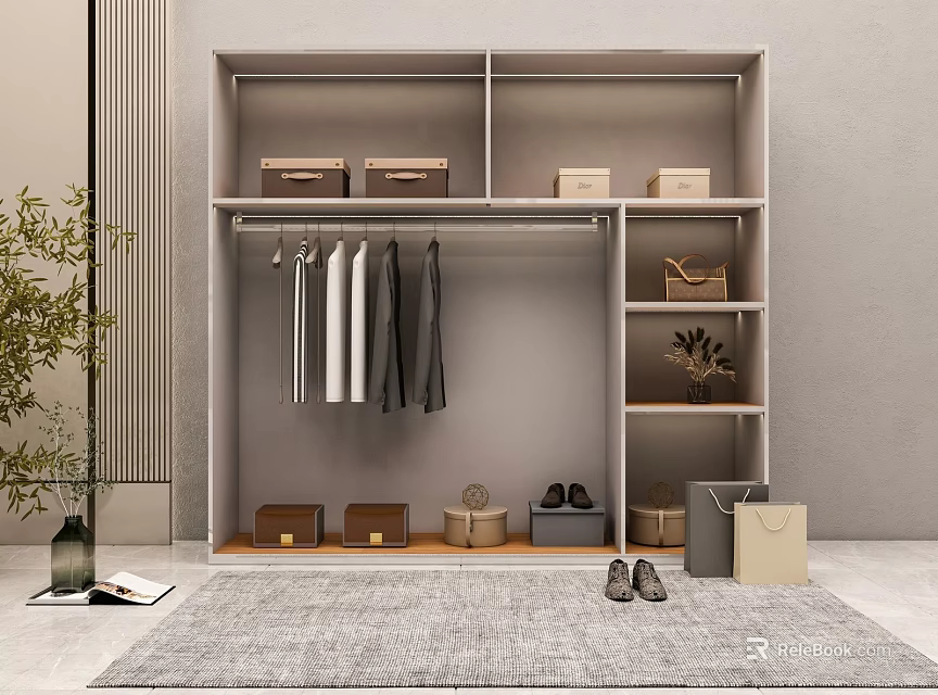 Modern Wardrobe Storage Design With Hanging Clothes Shelves Storage Boxes And Shoes 3d model 