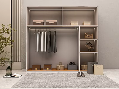 Modern Wardrobe Storage Design With Hanging Clothes Shelves Storage Boxes And Shoes 3d model