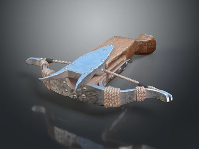 Medieval Crossbow Weapon with Wooden Handle Metal Components and Rope Binding 3d model