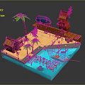 Modern Tropical Scene With Wooden Buildings Palm Trees Wooden Bridge Boat And Water Area