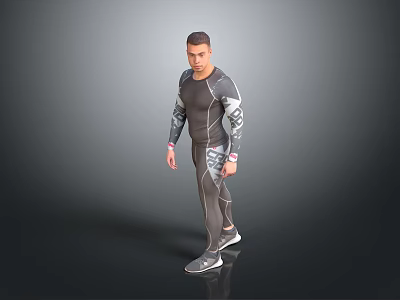 A Man Wearing Grey And Black Compression Sportswear With Patterned Sleeves And Legs 3d model