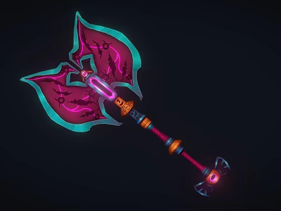 Glowing Pink and Blue Fantasy Axe with Bladed Head Decorative Handle and Golden Accents 3d model
