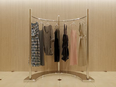 Curved Silver Metal Clothes Rack Displaying Dresses Tops and Garments with Beige Wall Background 3d model