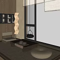 Japanese Tea Room Interior With Tatami Mat Wooden Cabinets Tea Sets And Green View