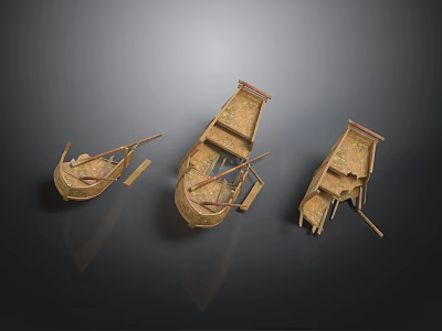 Three Vintage Traditional Wooden Boats with Oars Handcrafted on Dark Background 3d model