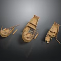 Three Vintage Traditional Wooden Boats with Oars Handcrafted on Dark Background