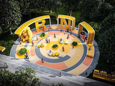 Public Park Landscape With Yellow RUN Sculptures Circular Colorful Ground Central Lawn Seats And Trees 3d model