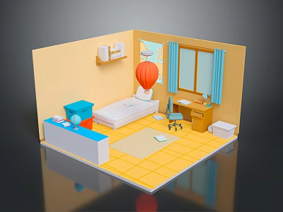Cartoon Room Interior With Yellow Walls Blue Curtains Bed Desk Chair And Red Balloon 3d model