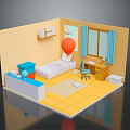 Cartoon Room Interior With Yellow Walls Blue Curtains Bed Desk Chair And Red Balloon