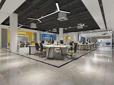Modern Public Office Space Interior With Open Layout White Desks Yellow Chairs And Ceiling Lights 3d model