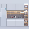Modern Wine Cabinet Design With White Cabinets LED Lighting And Wine Bottles Glasses
