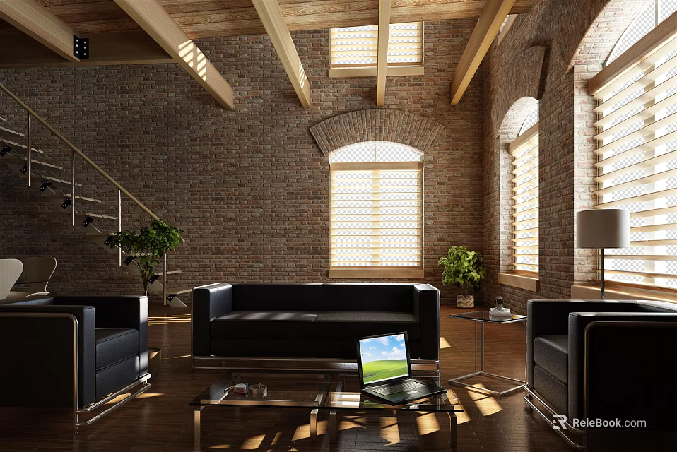 Modern Living Room Interior With Brick Wall Wooden Beams Leather Sofa And Potted Plants 3d model 
