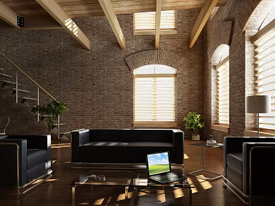 Modern Living Room Interior With Brick Wall Wooden Beams Leather Sofa And Potted Plants 3d model