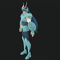 Blue Armored Game and Movie Character With Horned Headpiece and Shoulder Armor
