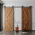 Wooden Barn Door Interior Design with White Wall and Small Table Plant