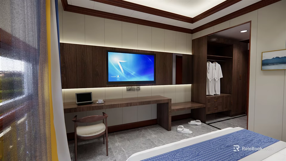 Modern Hotel Room Interior With Wall Mounted TV Desk Chair Wardrobe Robe And Slippers 3d model 