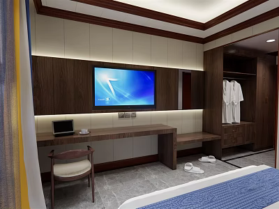 Modern Hotel Room Interior With Wall Mounted TV Desk Chair Wardrobe Robe And Slippers 3d model