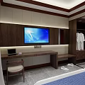 Modern Hotel Room Interior With Wall Mounted TV Desk Chair Wardrobe Robe And Slippers