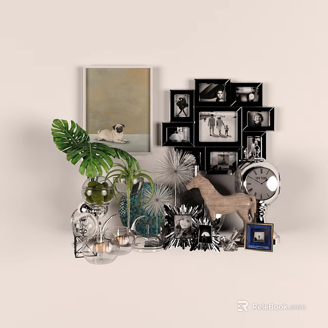 Elegant Decorative Ornaments Set with Green Leaves Photo Frames Clock Horse Figurine and Glass Vases 3d model 