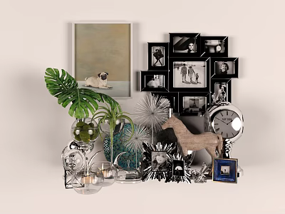 Elegant Decorative Ornaments Set with Green Leaves Photo Frames Clock Horse Figurine and Glass Vases 3d model