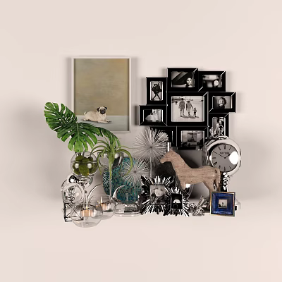Elegant Decorative Ornaments Set with Green Leaves Photo Frames Clock Horse Figurine and Glass Vases 3d model