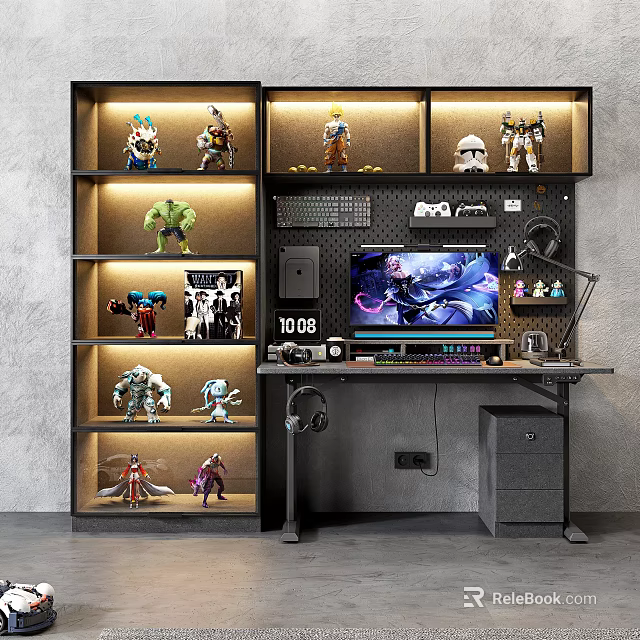Modern Office Desk With Computer Monitor Keyboard Figurine Shelves And LED Lights 3d model 