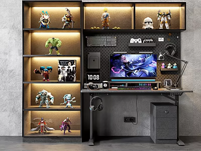 Modern Office Desk With Computer Monitor Keyboard Figurine Shelves And LED Lights 3d model