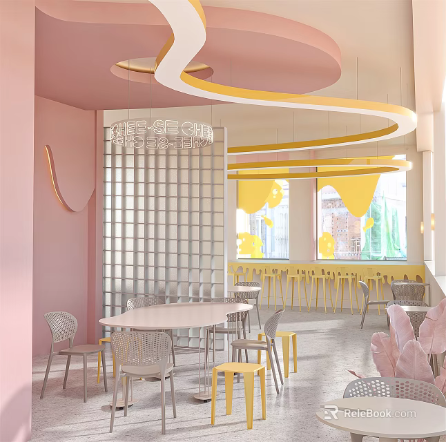 Soft Pink Modern Dessert Shop Interior With Round Tables And Yellow Window Curtains 3d model 