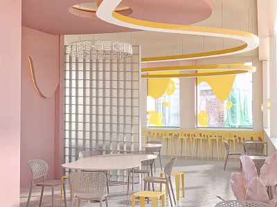 Soft Pink Modern Dessert Shop Interior With Round Tables And Yellow Window Curtains 3d model