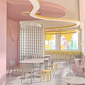 Soft Pink Modern Dessert Shop Interior With Round Tables And Yellow Window Curtains